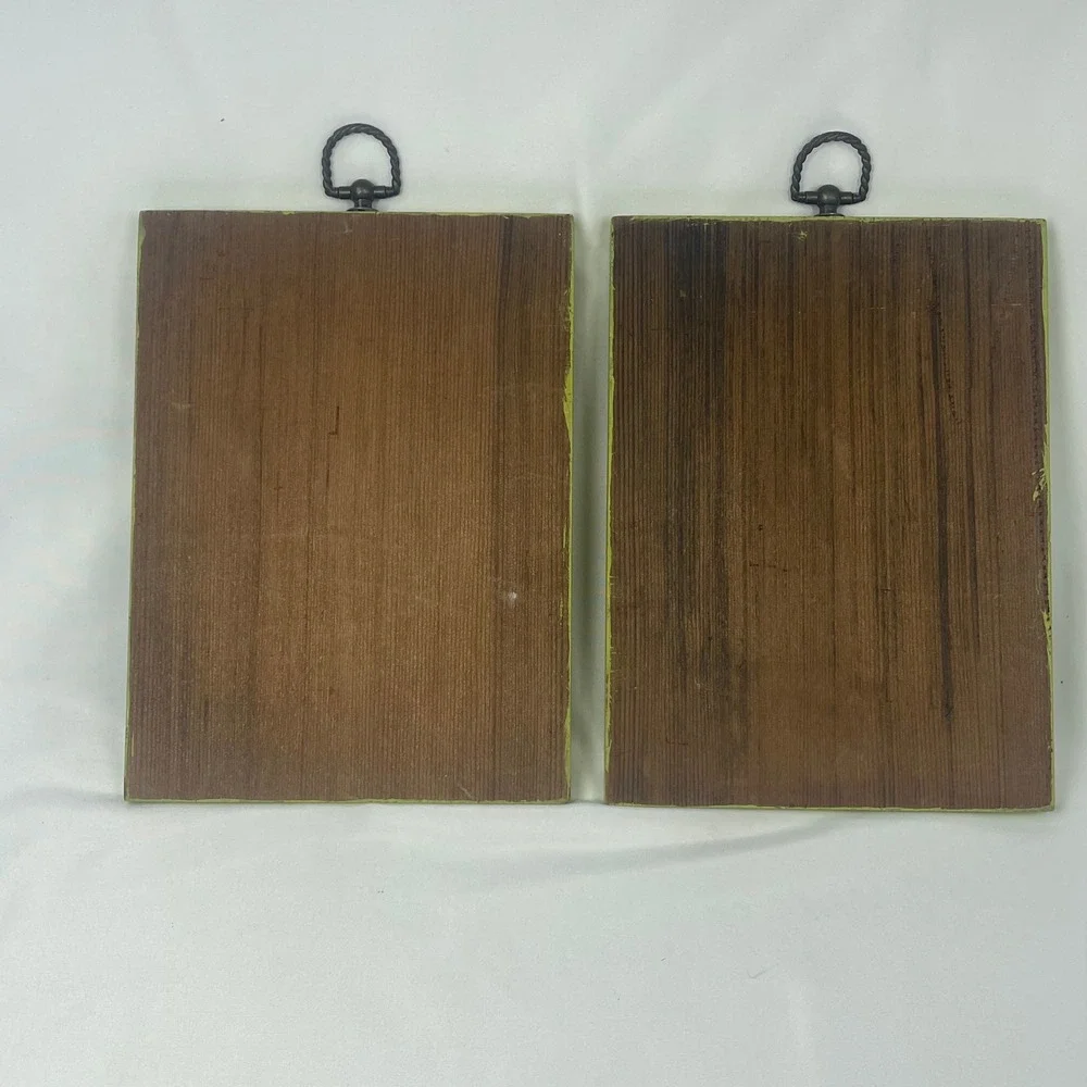 Vintage Handmade Decoupage Wood Bathroom Wall Art Set Convex Chartreuse 8.5x6.25